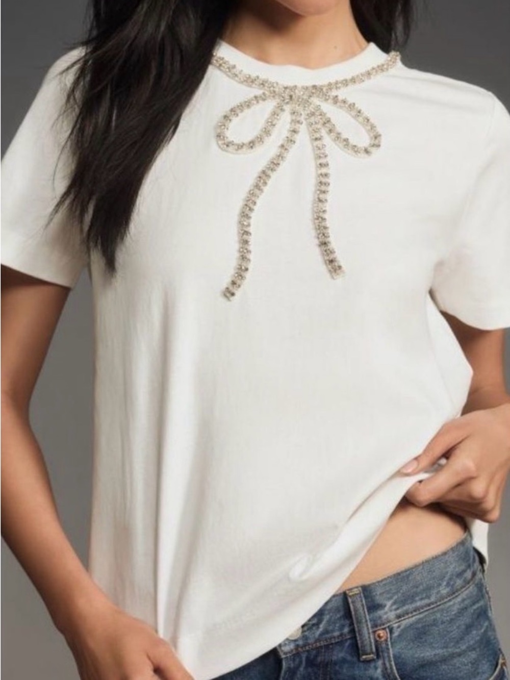 Maeve White Short-Sleeve Tee with Jeweled Bow
